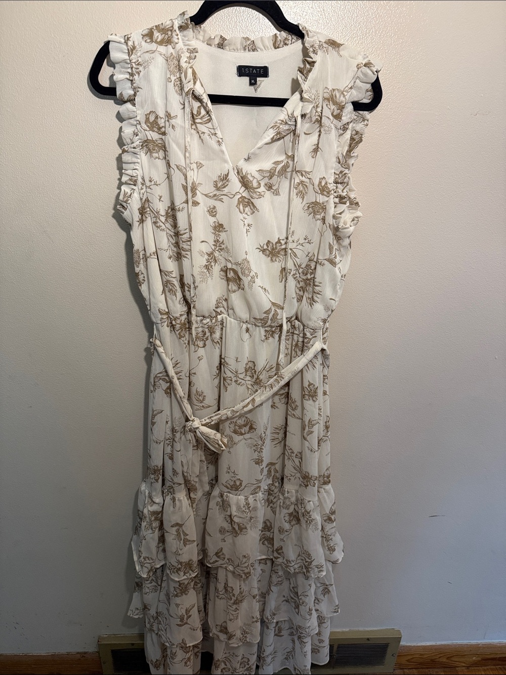 1. State Cream Floral Ruffle Maxi Dress with Tan Print